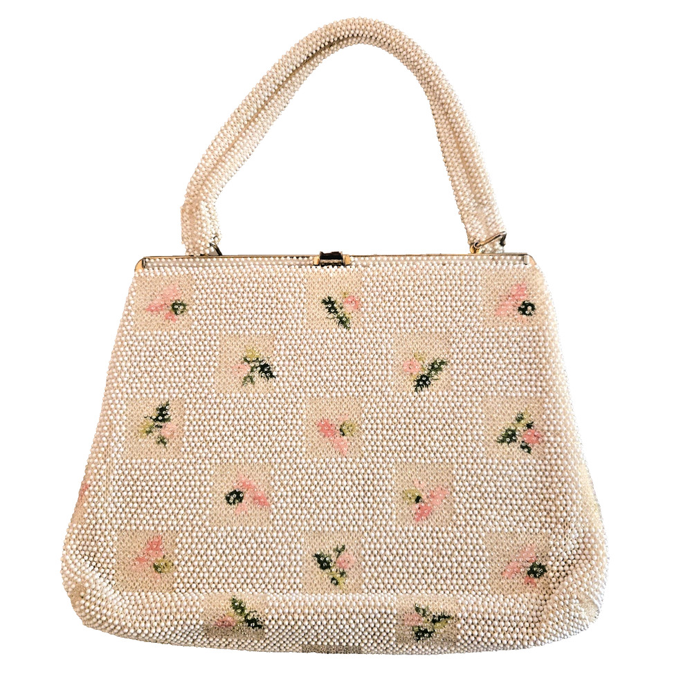 Vintage Lumured White Corde Beaded Floral Purse Pink/Green Purse Handbag 1950s